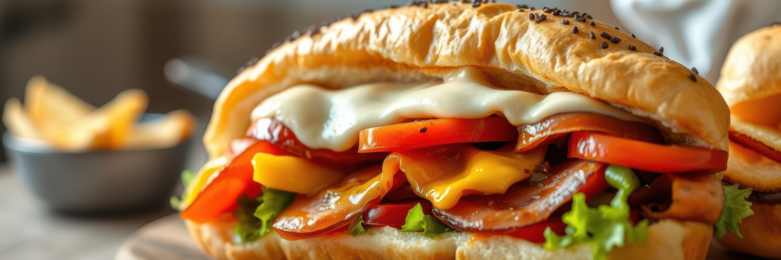 Delicious sandwich loaded with fresh vegetables and savory cheese, served with crispy fries at a cozy cafe